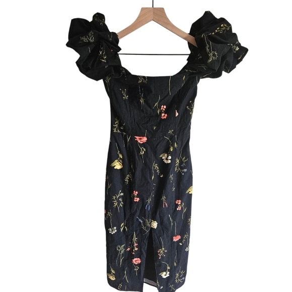H&M Black Floral Linen Blend Off The Shoulder Midi Dress NWT - Picture 2 of 11